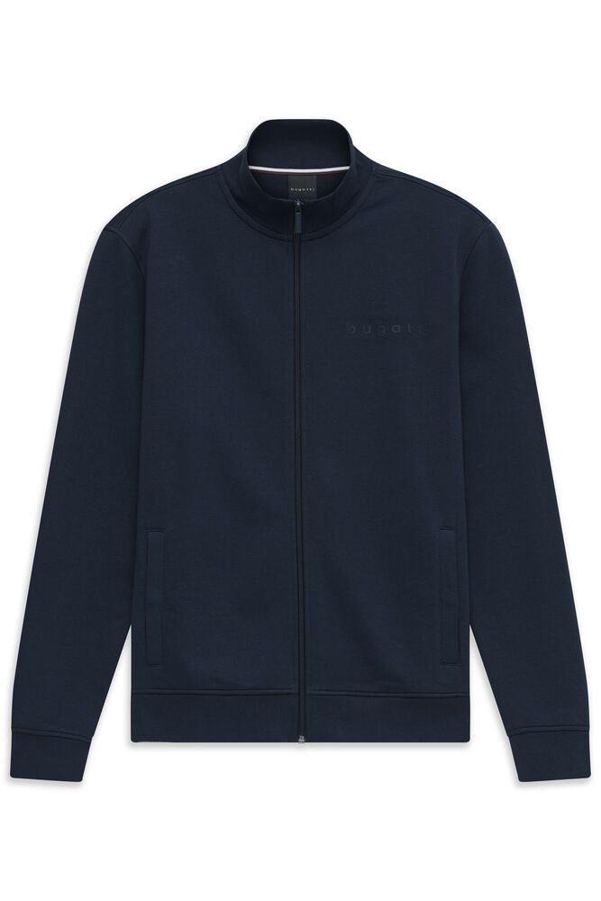 Navy blue knitted full-zip jacket with a stand-up collar, ribbed cuffs and hem, and two front welt pockets.