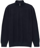 Navy blue men's quarter-zip sweater with a textured knit pattern, stand-up collar, ribbed cuffs, and a silver-toned zipper.