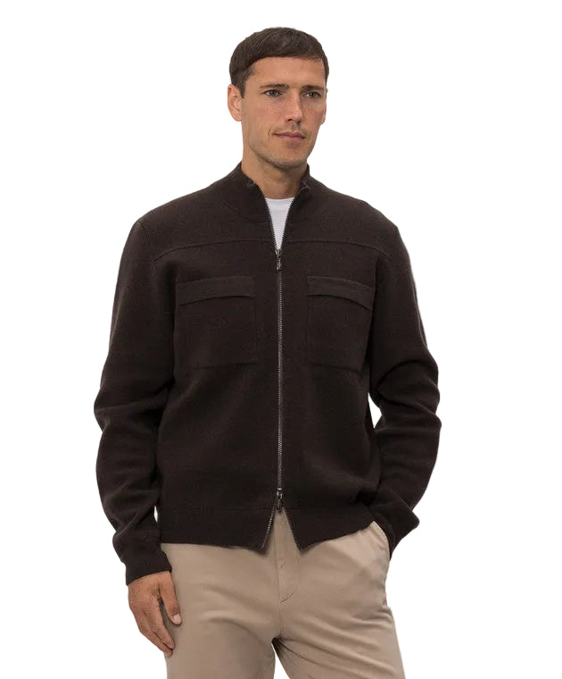Burgundy red men's full-zip knit sweater with a stand collar and two chest flap pockets