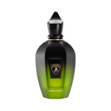 Black to lime green ombre perfume bottle with a pointed black cap. Features a black label with a gold-toned bull logo and 'PE