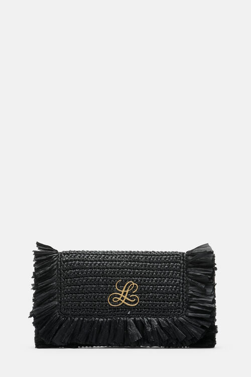 Black woven raffia clutch bag with a fringed flap and a gold-toned "L" logo on the front.