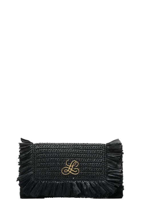 Black woven clutch bag with a flap closure, black fringe trim, and a gold-toned 'L' monogram on the front.