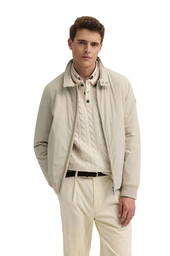 Beige men's casual jacket with a pointed collar, full zip closure, and ribbed cuffs and hem.