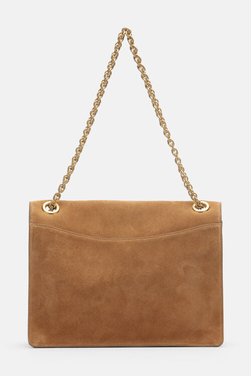 Caramel satinato flap bag with a gold-toned chain shoulder strap. The flap has a curved seam detail.