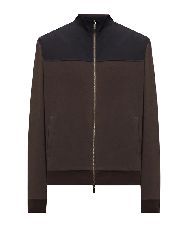 Deep brown full-zip sweater with a black upper chest panel and stand-up collar. Features a gold-toned zipper, ribbed cuffs, a