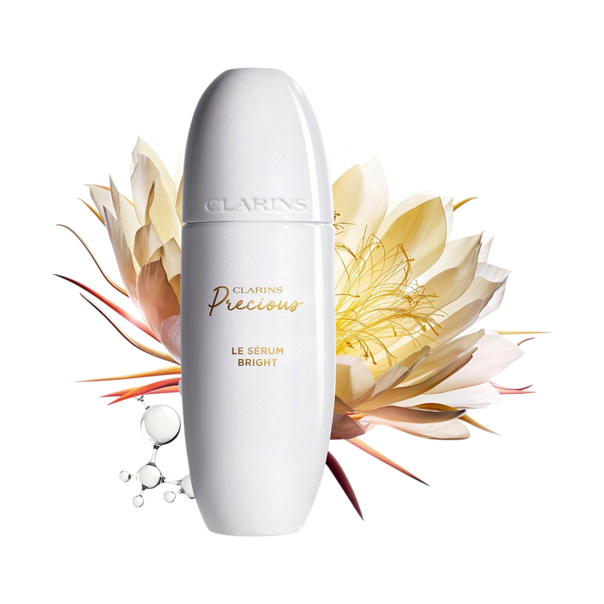 White pearlescent, elongated oval bottle with a matching cap. "CLARINS" is embossed on the cap and printed on the bottle, wit