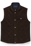 Brown corduroy quilted waistcoat with a navy-lined stand-up collar, silver-toned snap buttons, and one flap chest pocket.