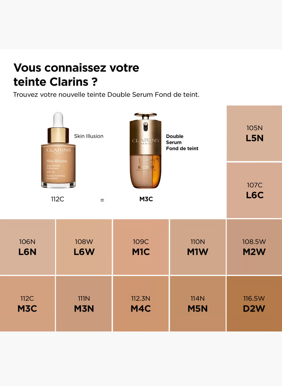 Clear glass bottle with two chambers, one light beige foundation, one orange-toned serum. Gold-toned top with black pump disp