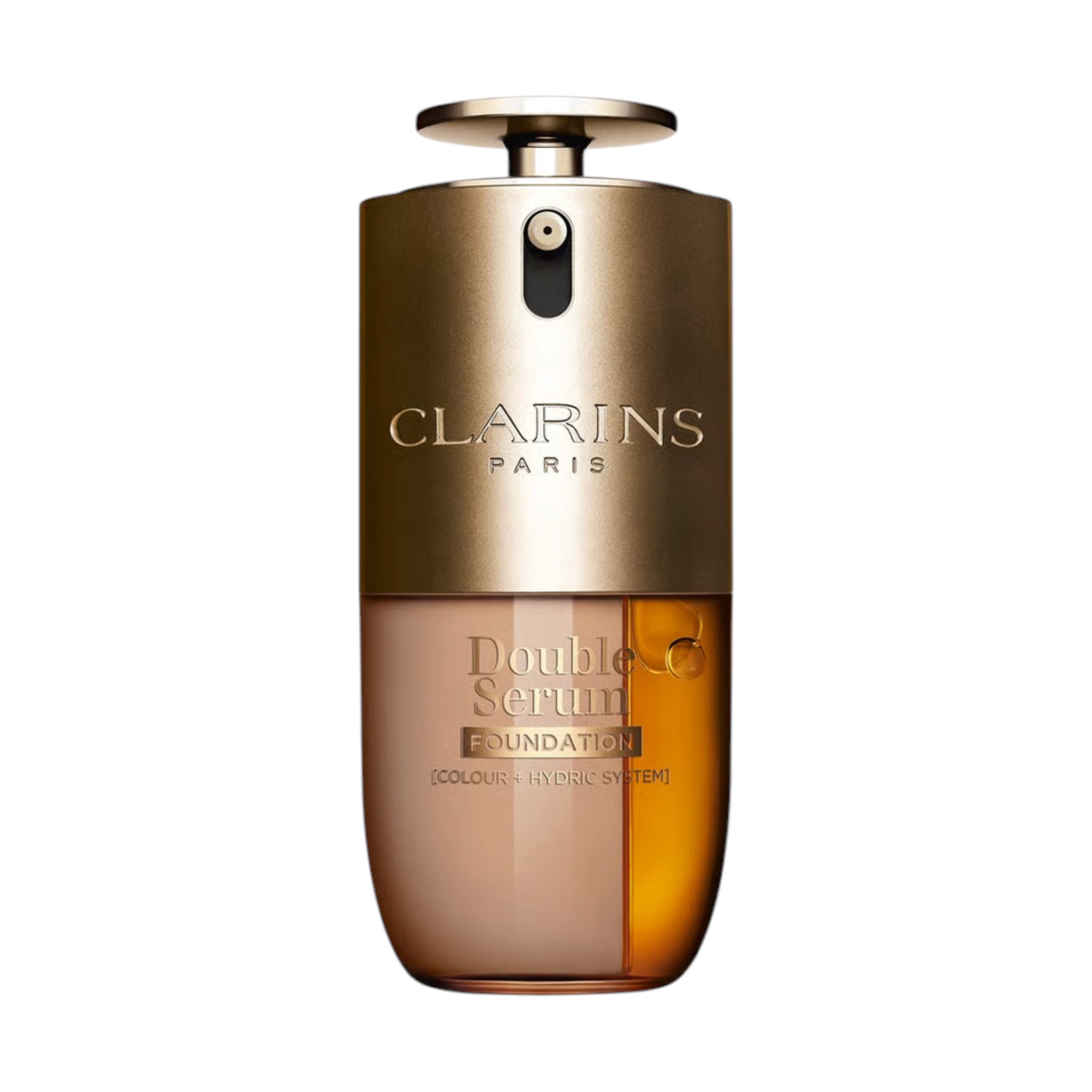 Clarins Double Serum Foundation in a clear glass bottle with a gold-toned top, containing beige foundation and amber serum.