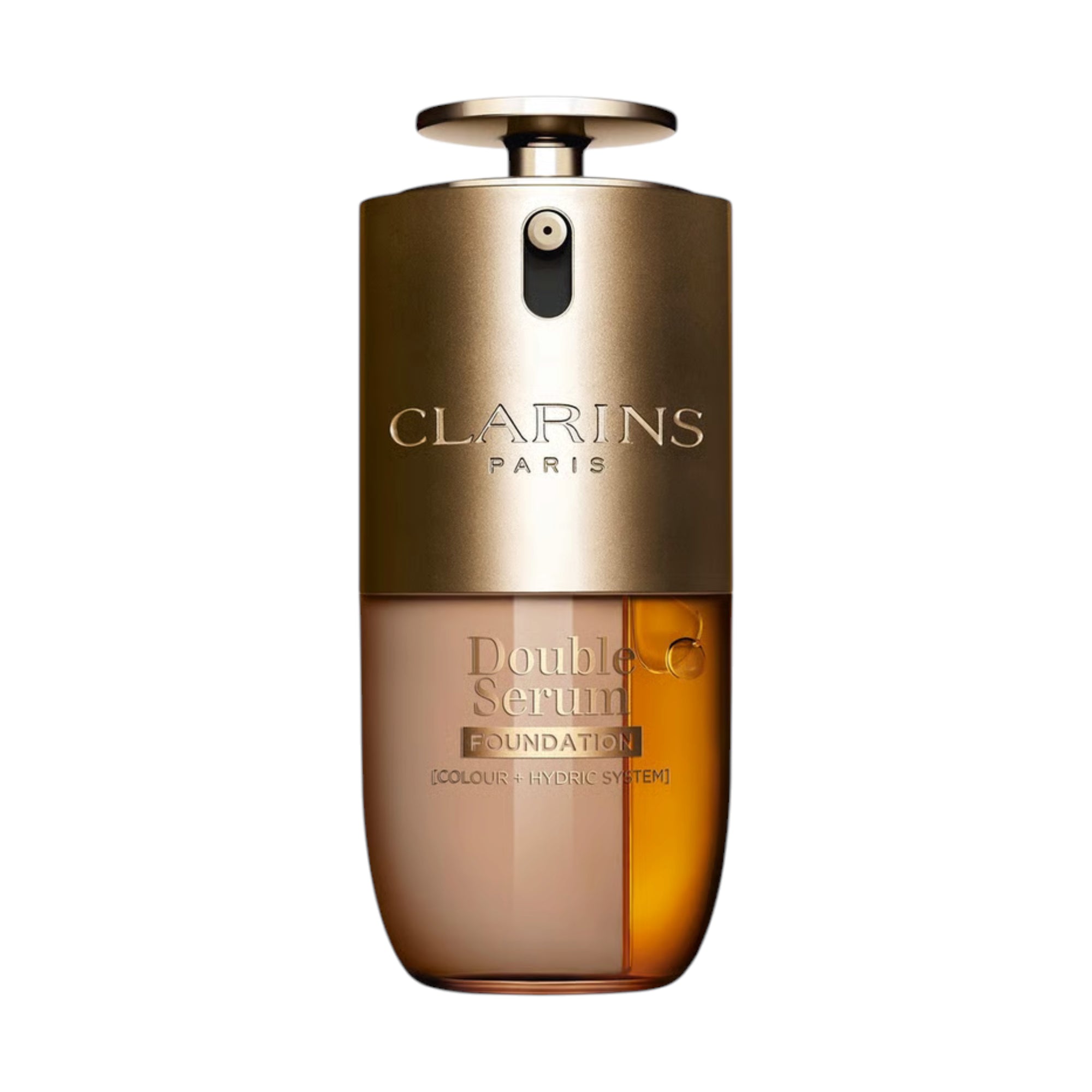 Clarins Double Serum Foundation bottle with a gold-toned top and translucent lower section containing beige and amber liquids