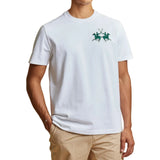 Optic white crew neck T-shirt with short sleeves and a green embroidered polo player logo on the chest.