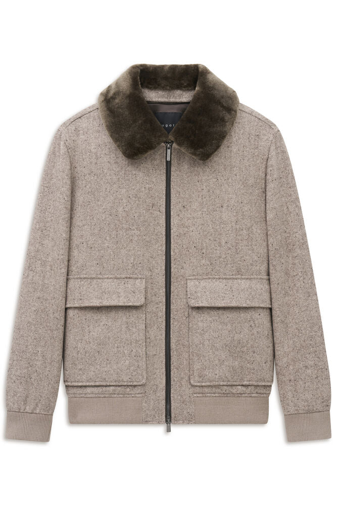 Beige textured bomber jacket with a dark olive faux fur collar, full dark grey zip, and two front flap pockets.