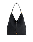 Black faux suede shoulder bag with a single strap and gold-toned hardware, featuring two decorative tassels on the front.