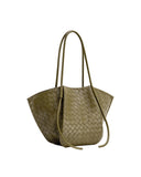 Olive green wide tote bag with a woven body, two thin shoulder straps, and two long, smooth hanging straps.
