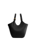 Black pebbled tote bag with two short, adjustable straps featuring gold-toned buckles and white contrast stitching.