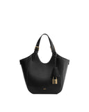 Black pebbled tote bag with two top handles, gold-toned buckles, white contrast stitching, and a decorative gold-toned padloc