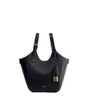 Black pebbled leather tote bag with a curved top, two top handles, white contrast stitching, and a gold-toned padlock charm.