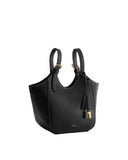 Black pebbled faux leather tote bag with two top handles, white contrast stitching, gold-toned padlock charm, and 'JW PEI' br
