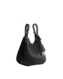 Black pebbled faux leather tote bag with two short handles, white contrast stitching, and a gold-toned padlock.