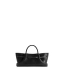 Black leather-look tote bag with two top handles, a wide base, and white contrast stitching along the top and horizontal fron