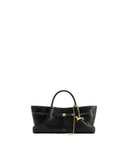 Black structured tote bag with two top handles, a gold-toned buckle, white contrast stitching, and a gold dachshund charm.
