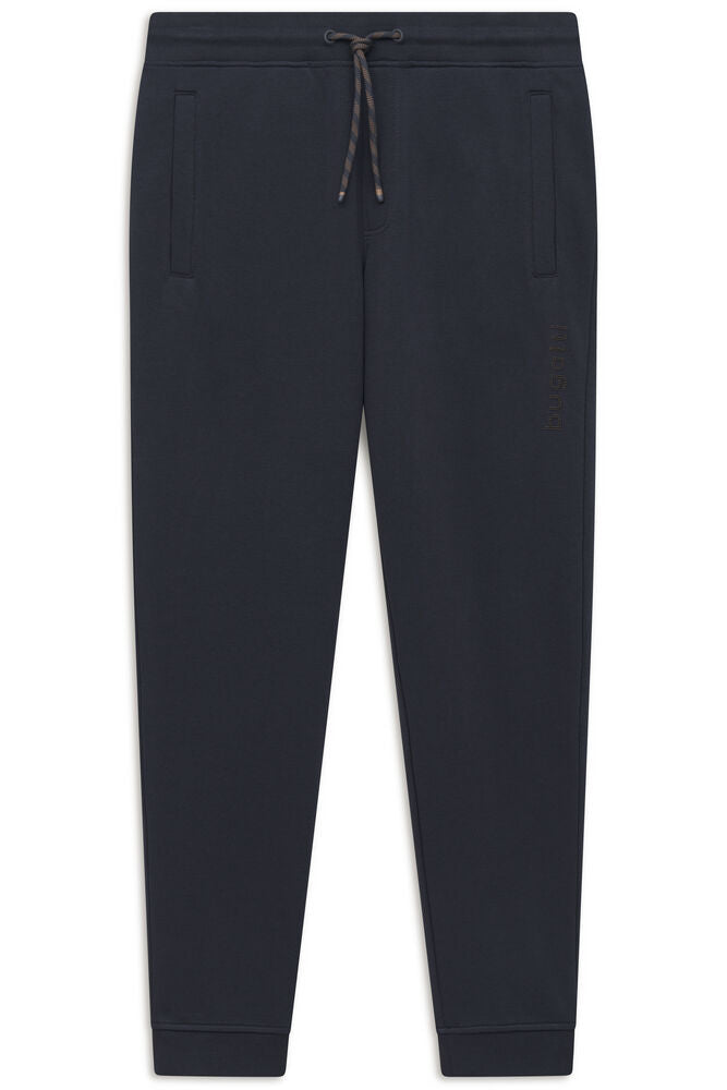 Navy blue men's jogger trousers with an elasticated drawstring waist, side pockets, and ribbed ankle cuffs.