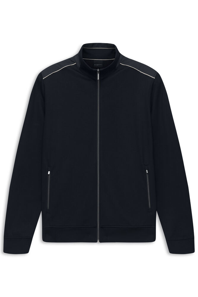 Navy blue knitted men's jacket with a stand-up collar, full silver-toned zip closure, and two front zip pockets.