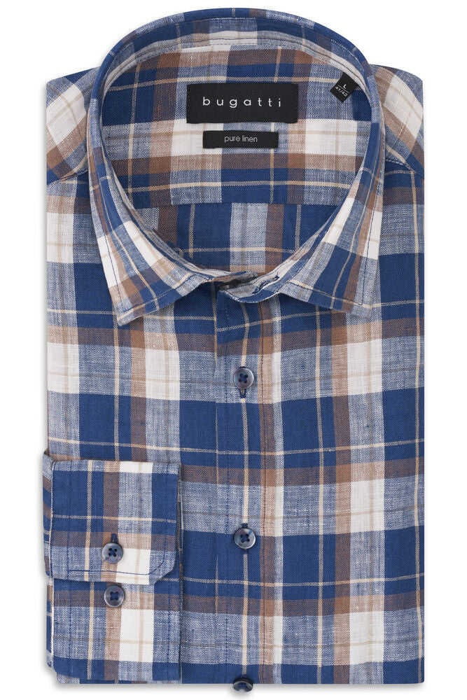 Navy blue, brown, and off-white plaid linen casual shirt with a standard collar, button-front, and long sleeves with buttoned