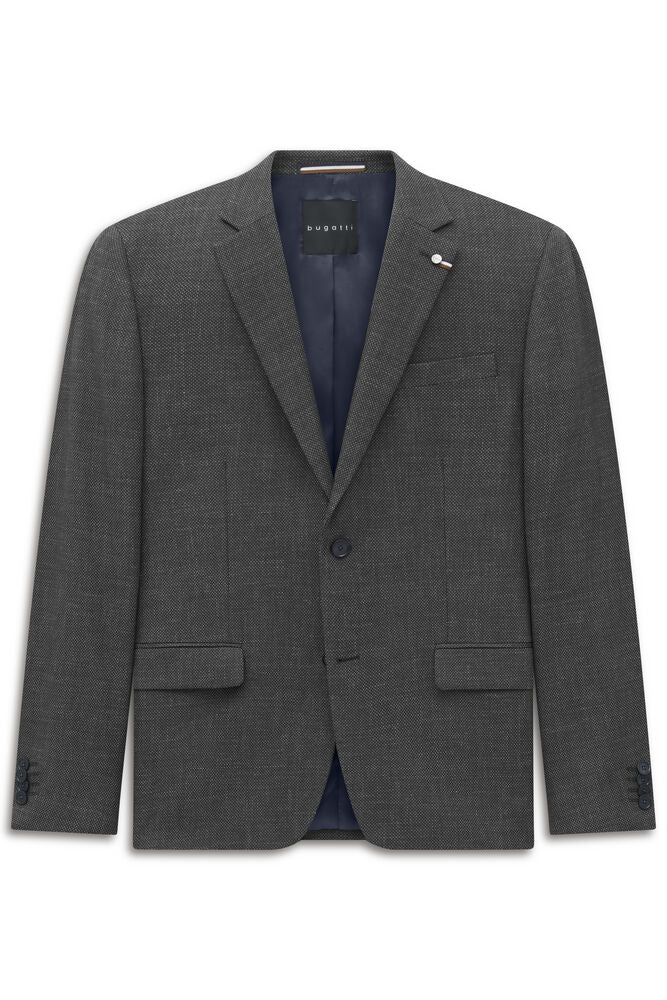 Dark grey single-breasted men's jacket with notched lapels, two-button closure, and flap pockets.