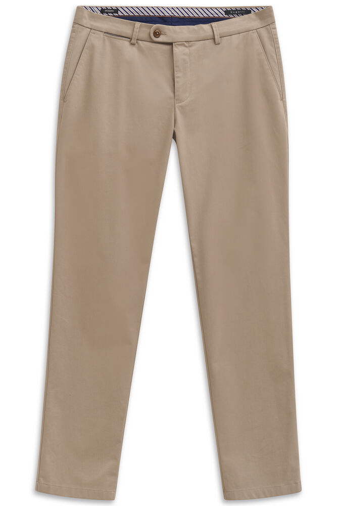 Beige casual trousers with a flat front, button and zip fly closure, belt loops, and slanted side pockets.