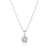 Silver-toned chain necklace with a single round, brilliant-cut clear stone pendant in a four-prong setting.