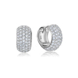 Pair of silver-toned round hoop earrings, entirely covered in clear pave-set stones, with a hinged closure.