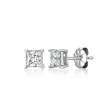 Pair of silver-toned princess cut stud earrings with clear faceted stones and butterfly backs.