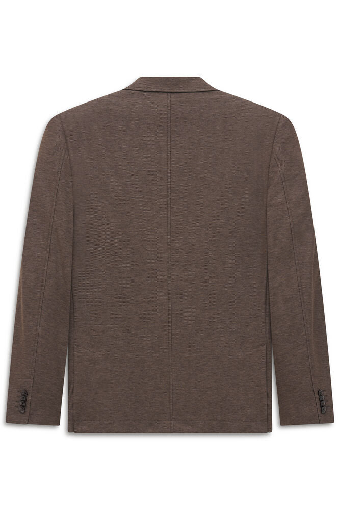 Brown knit blazer, back view, with a notched collar, center back seam, and four dark buttons on each sleeve cuff.