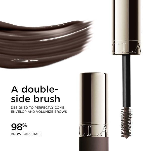 Dark brown brow sculpt tube with a gold-toned cap, a dark brown brush applicator, and a swatch of the dark brown product.