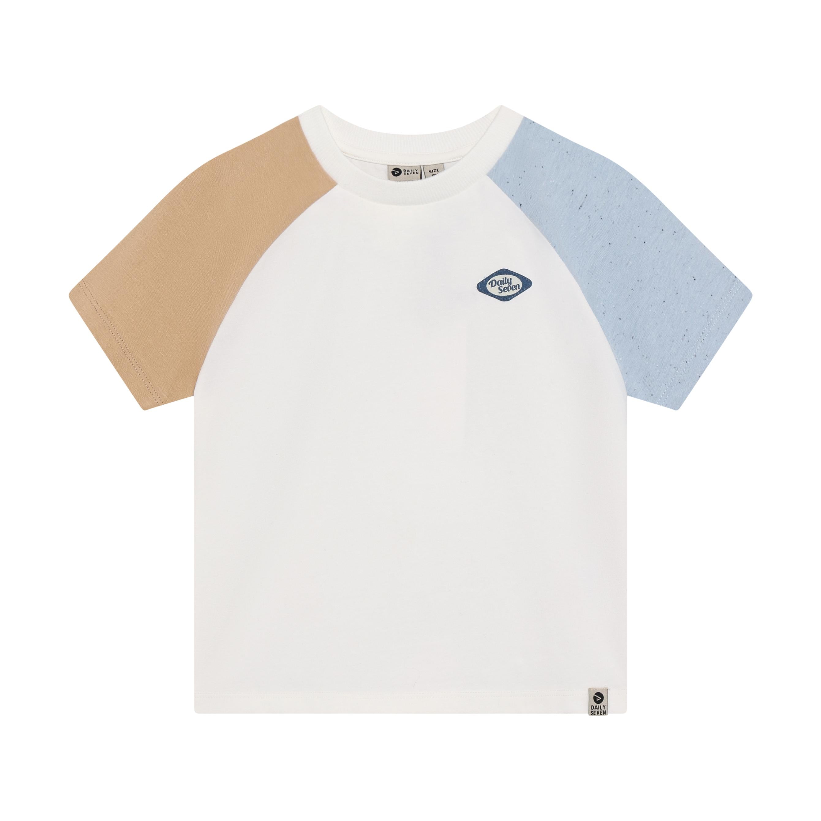 Off-white kids' T-shirt with light brown and light blue speckled raglan sleeves and a chest logo.