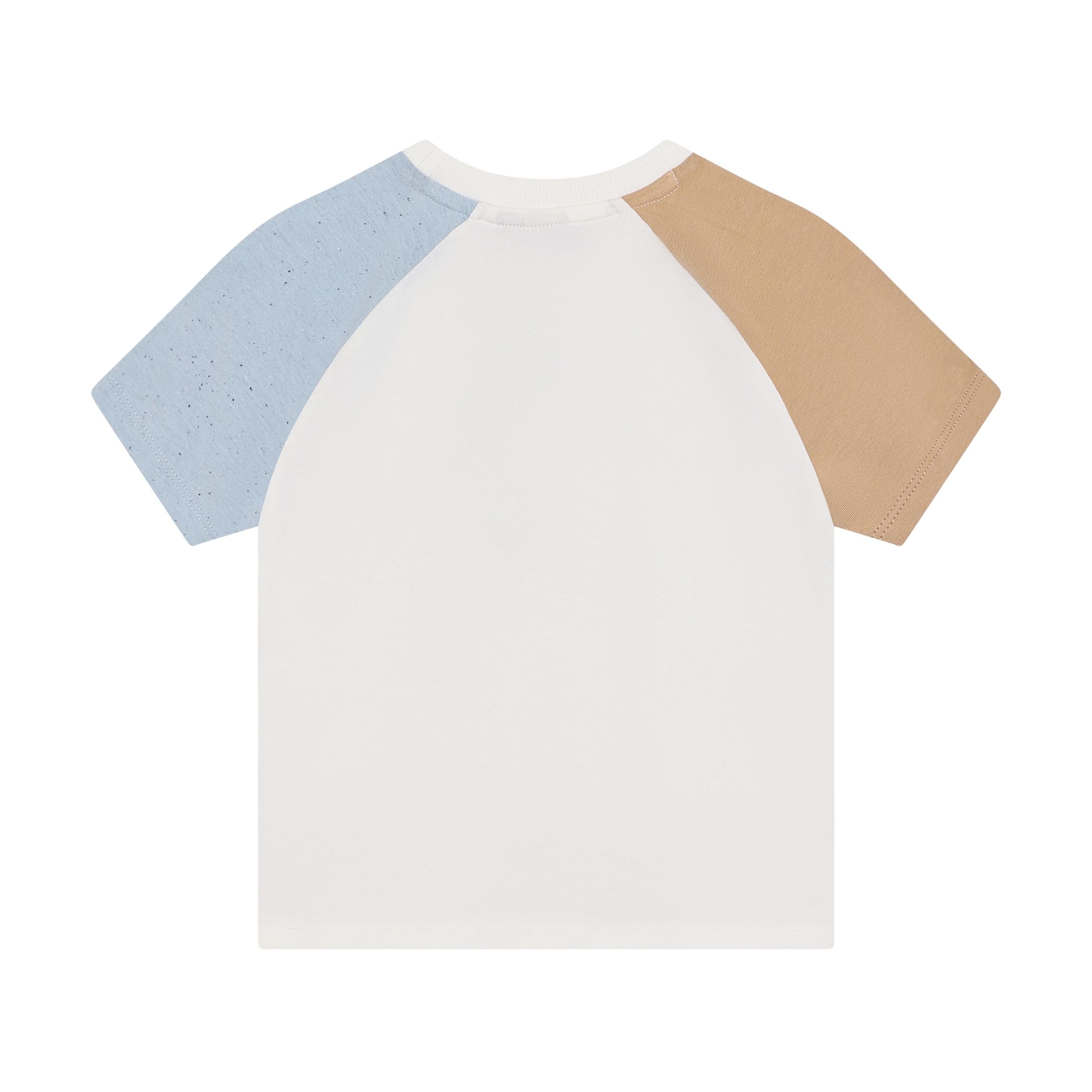White t-shirt with white ribbed crew neck. Left short sleeve is light blue, textured. Right short sleeve is light brown.