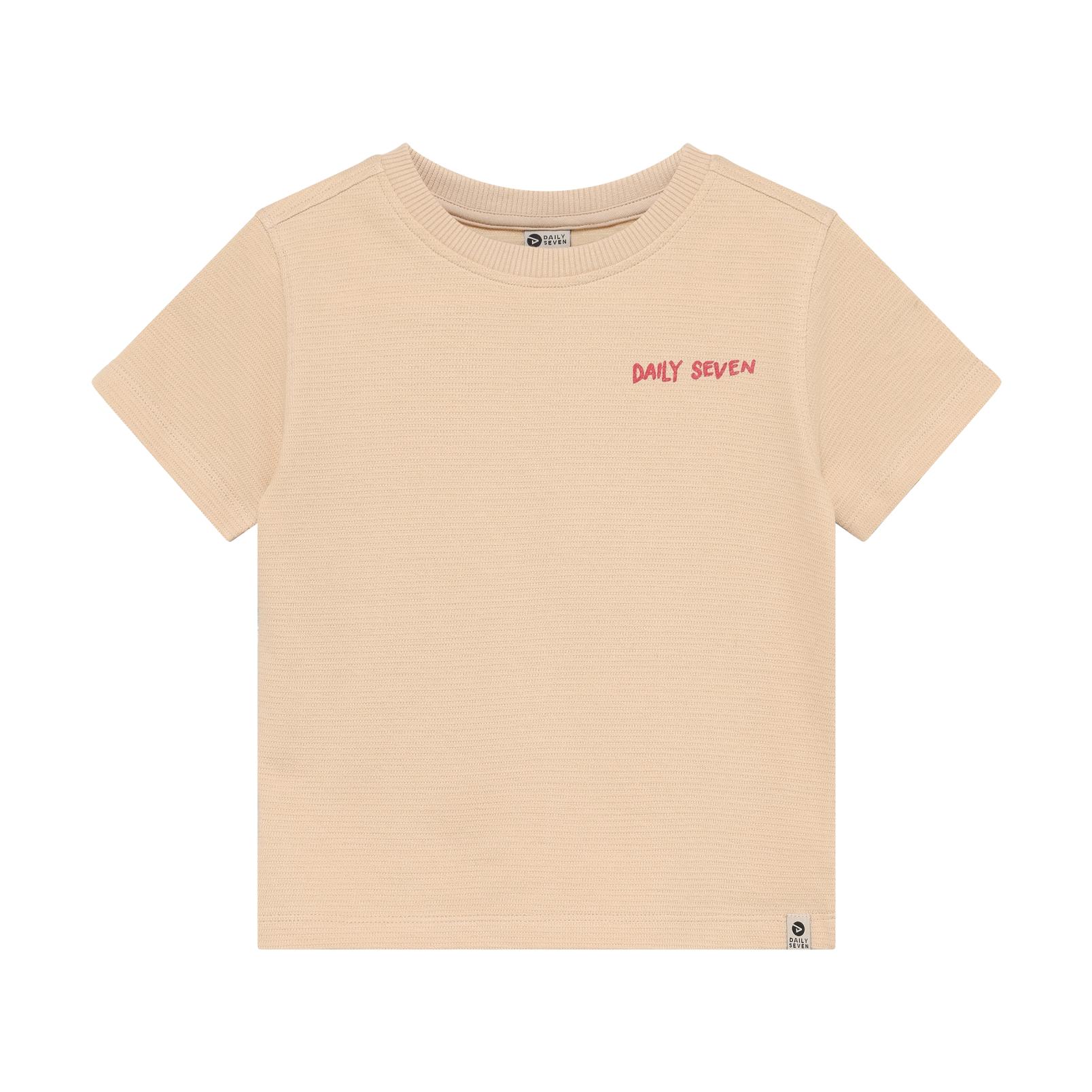 Beige short-sleeved textured knit t-shirt with a red 'DAILY SEVEN' print on the front chest and a small brand label on the he