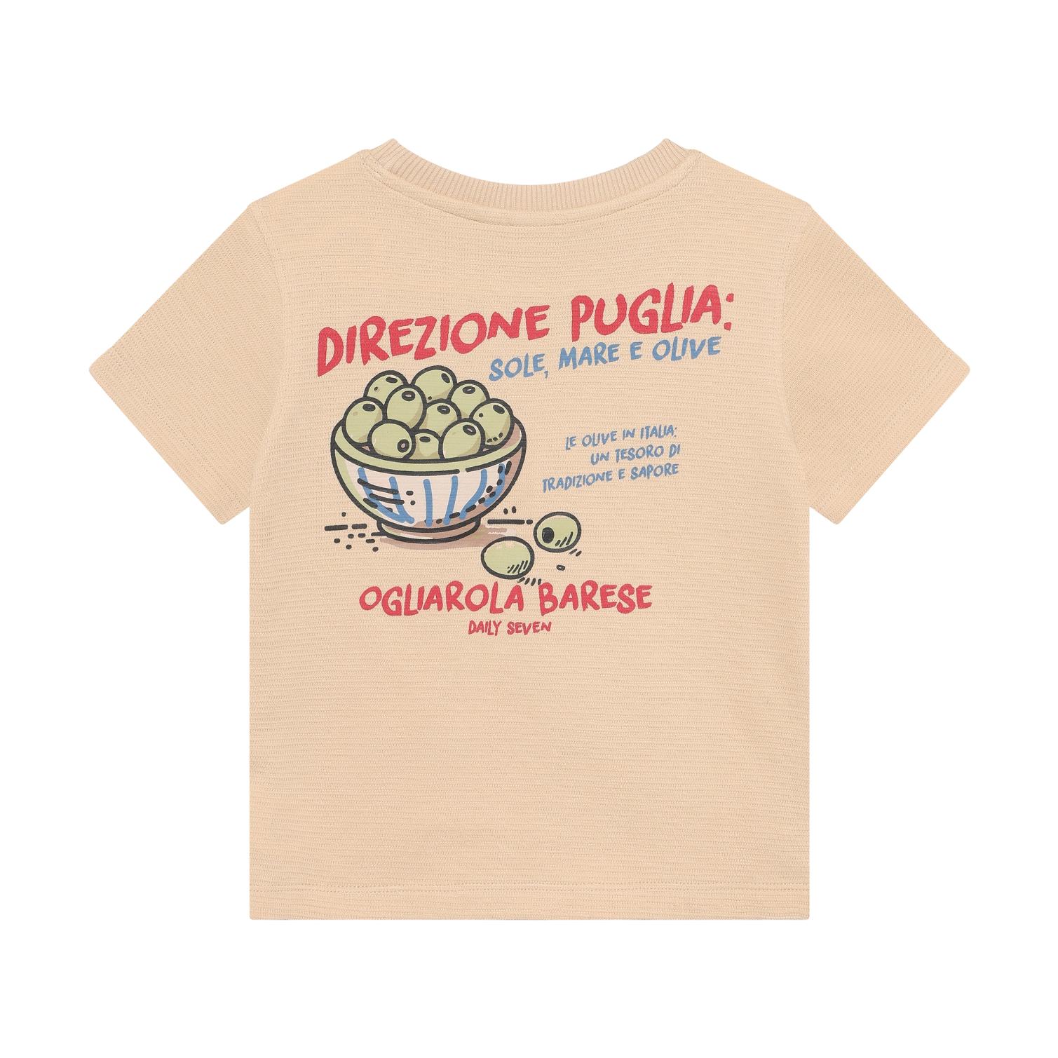 Beige textured knit t-shirt with a backprint of a bowl of green olives, red 'DIREZIONE PUGLIA' text, and blue Italian phrases
