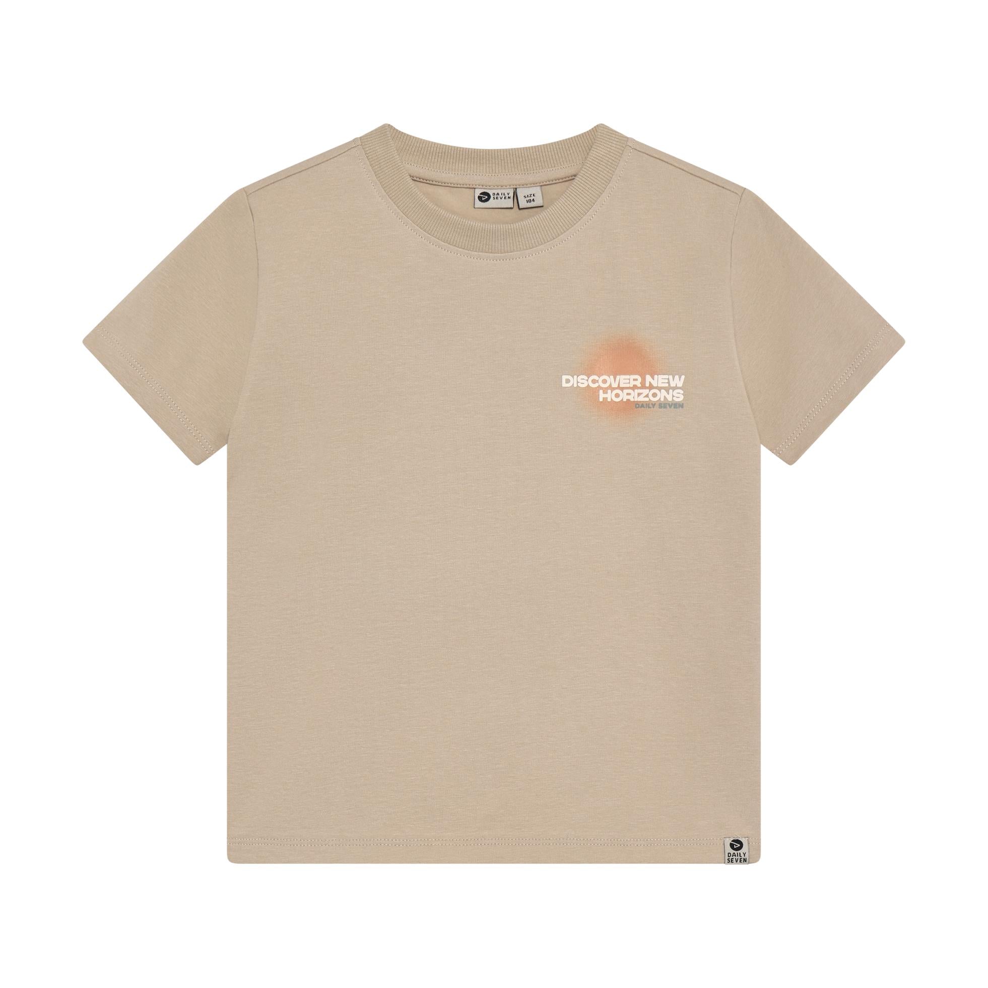 Beige short-sleeved T-shirt with a ribbed crew neck and a front graphic print featuring orange and white text.