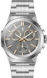 Silver-toned men's chronograph watch with a dark grey brushed dial, rose gold-toned accents, and a metal link bracelet.