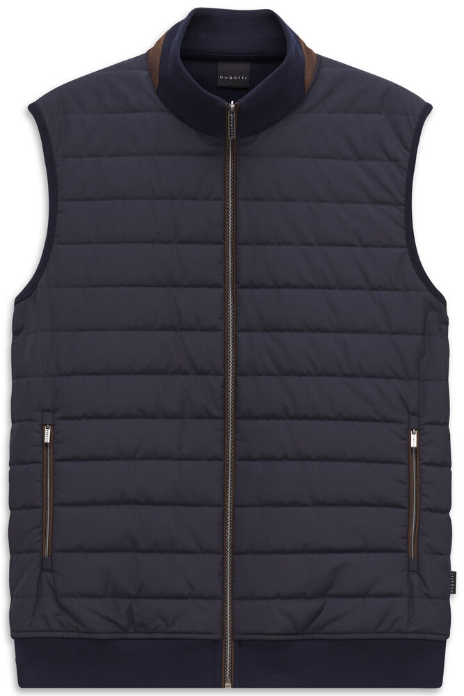 Navy blue horizontally quilted men's vest with a full-length silver-toned zipper, brown zipper tape, and brown inner collar t
