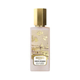 Frosted rectangular perfume bottle with a gold-toned hexagonal cap and a label depicting a gold and cream Parisian cityscape