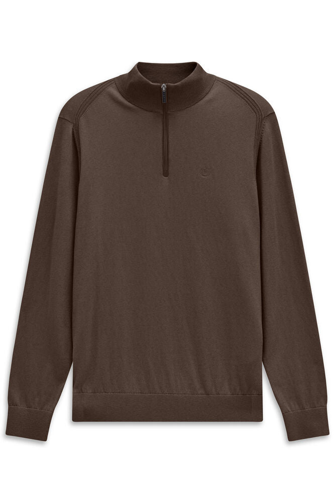 Brown men's quarter-zip mock neck sweater with ribbed collar, cuffs, and hem, featuring an embroidered logo.