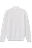 White long-sleeve sweater with a textured knit body, ribbed stand-up collar, ribbed cuffs, and ribbed hem.