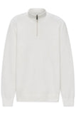 White textured knit sweater with a stand-up collar, 1/4 zip front with a black pull, long sleeves, and ribbed cuffs and hem.