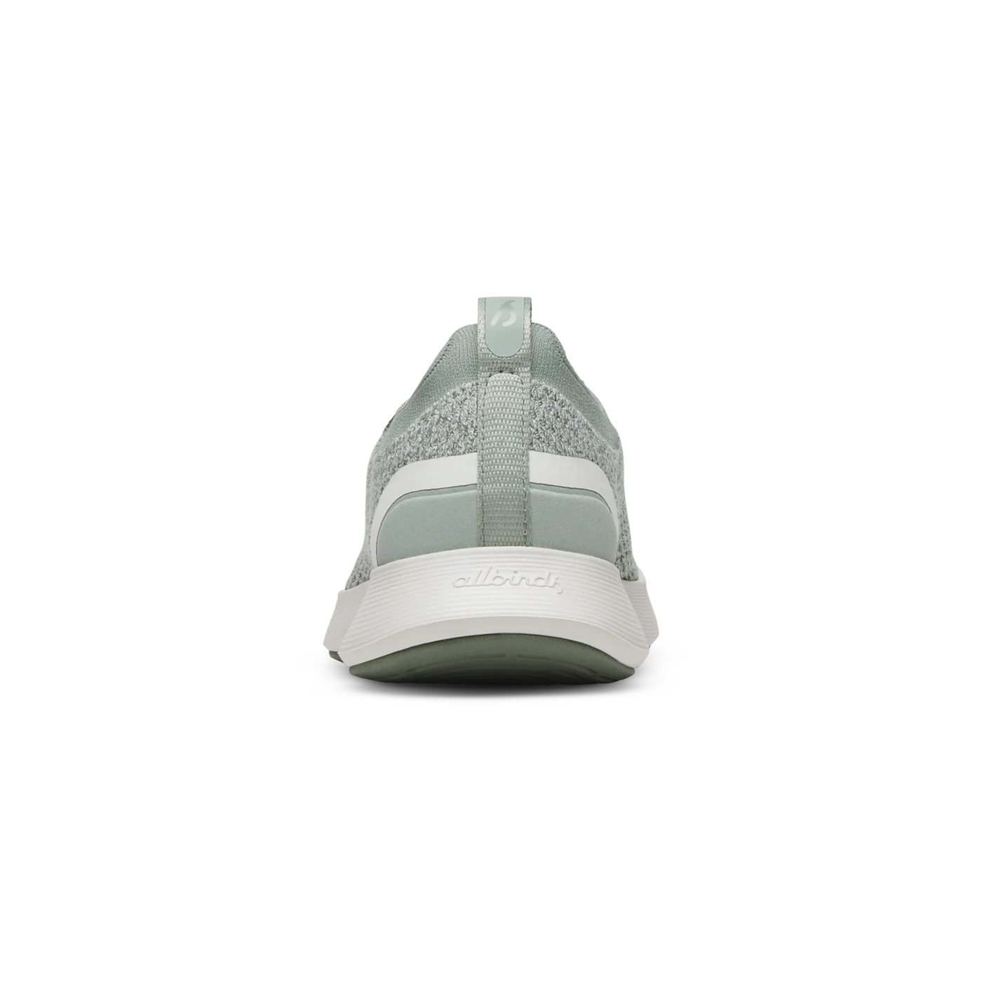 Back view of a light green knit sneaker with a white heel stripe, sage green heel counter, and white midsole with 'allbirds'