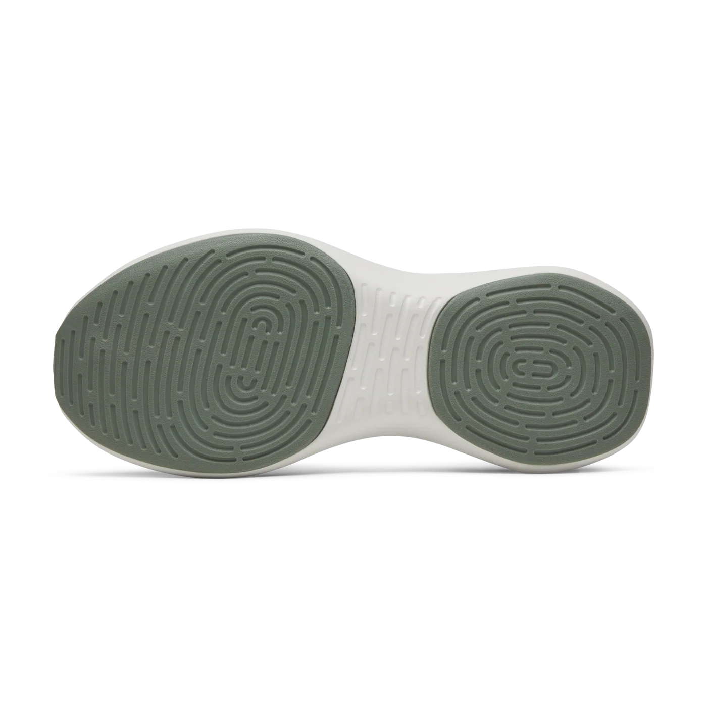 Sneaker sole with a white base and sage green tread featuring concentric circular patterns at the forefoot and heel.