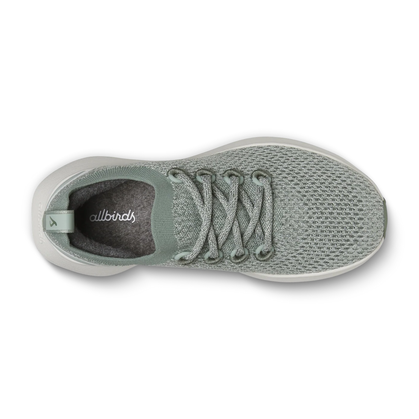 Sage green knitted sneaker with matching criss-cross laces, a white sole, and a dark grey interior with 'allbirds' logo.