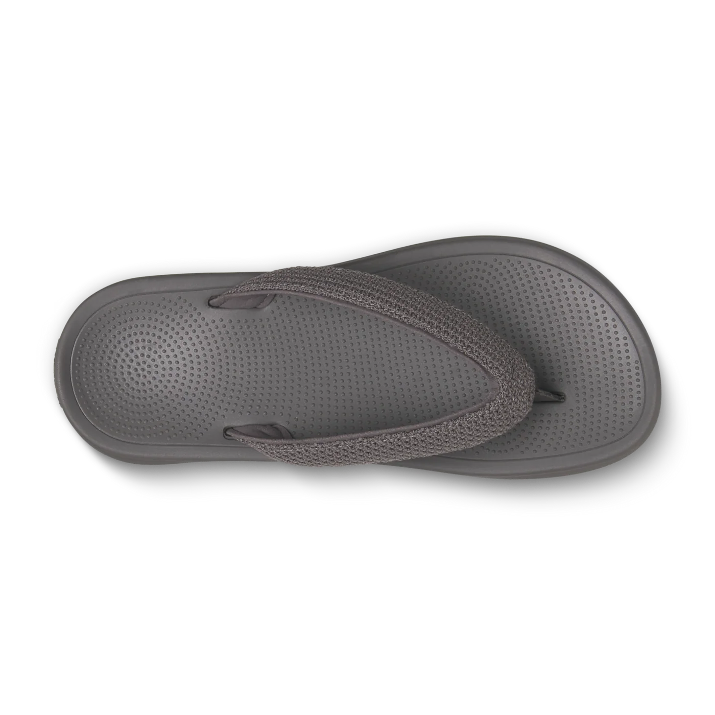 A single grey flip-flop with a textured sole covered in small dots and woven fabric thong straps.